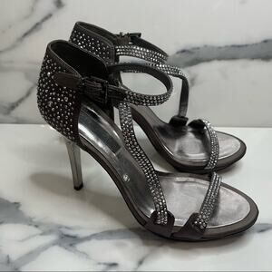 BCBGMaxAzria Women's Gray Studded Rhinestone Strappy Platform Peeking Heels Sz 7